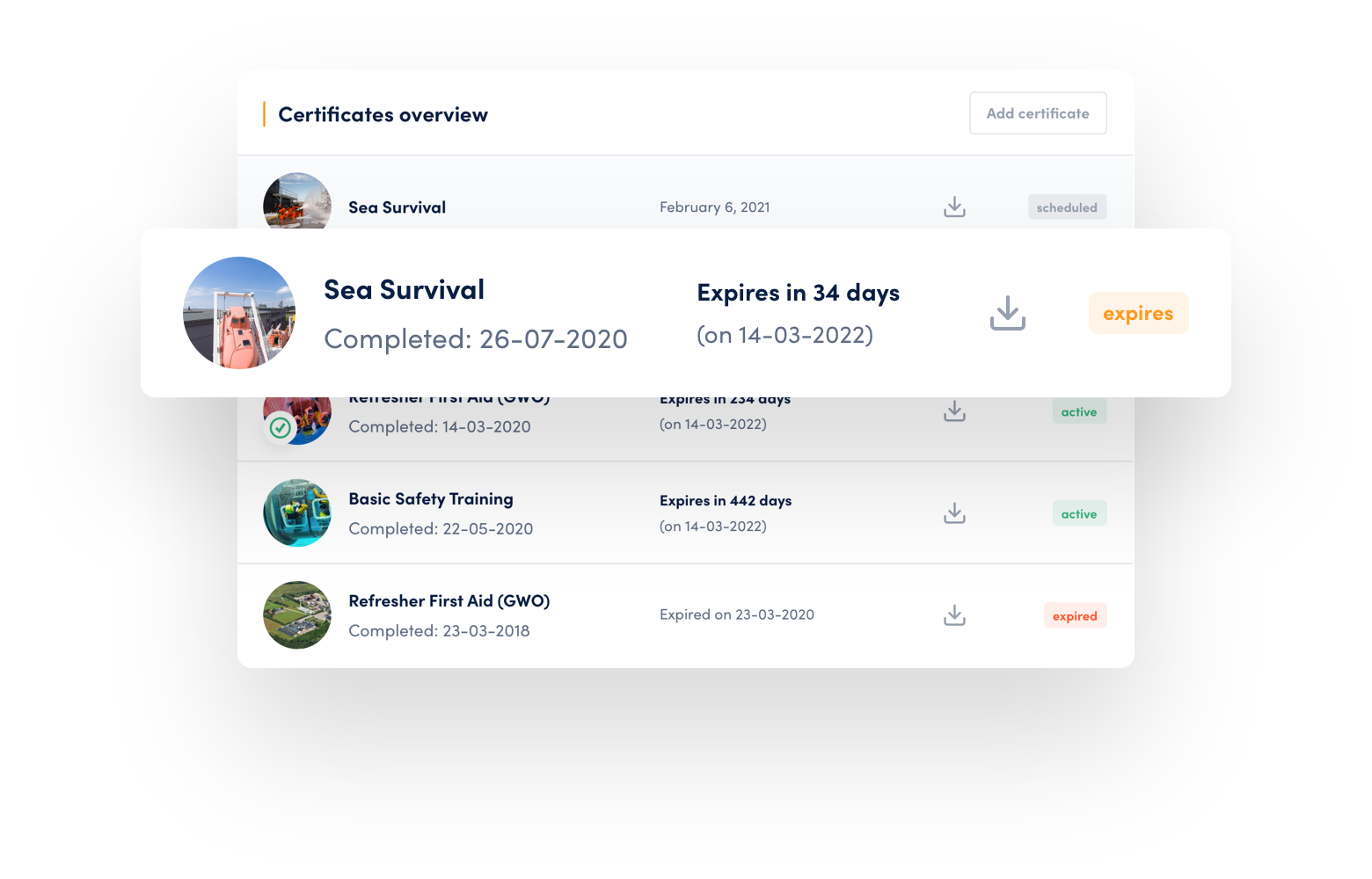 List of certificates that show expire dates and several statuses.
