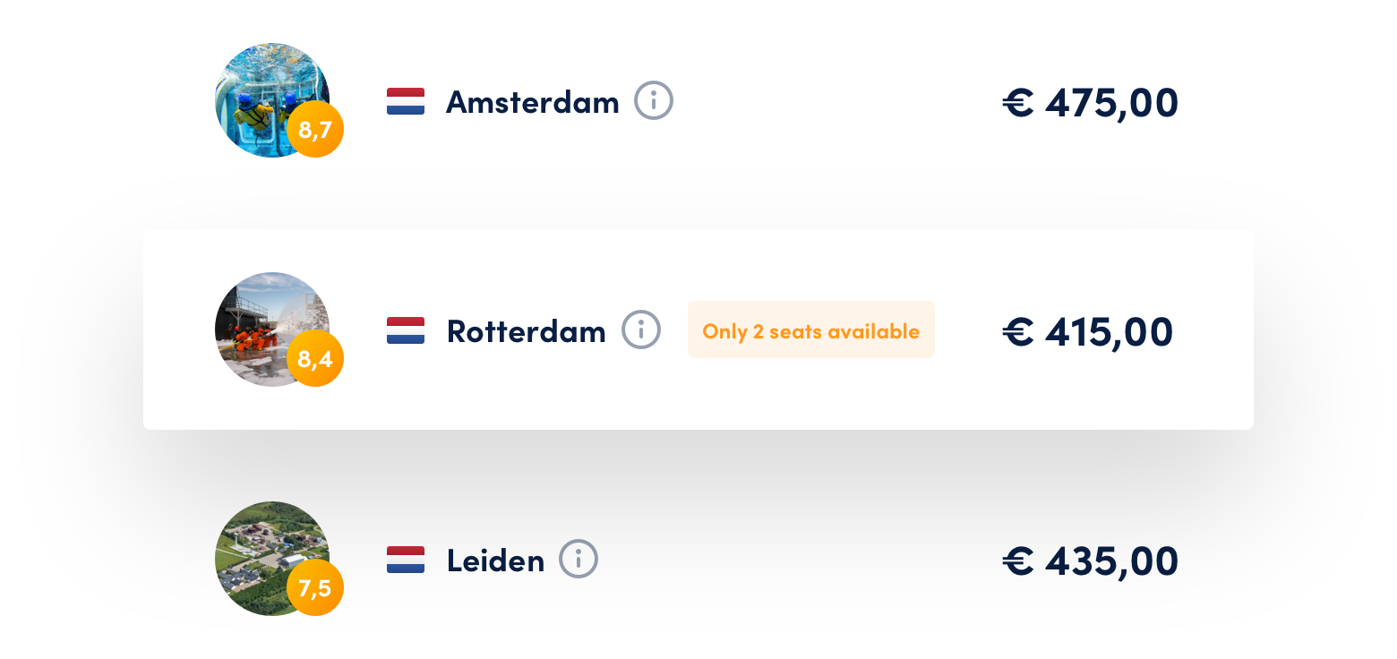 Course trainings deals displayed under each other with the corresponding pricing.